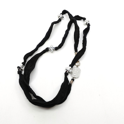 King Baby Studio Multi Wrap Black Silk Bracelet With Cross Silver Alloy Beads
