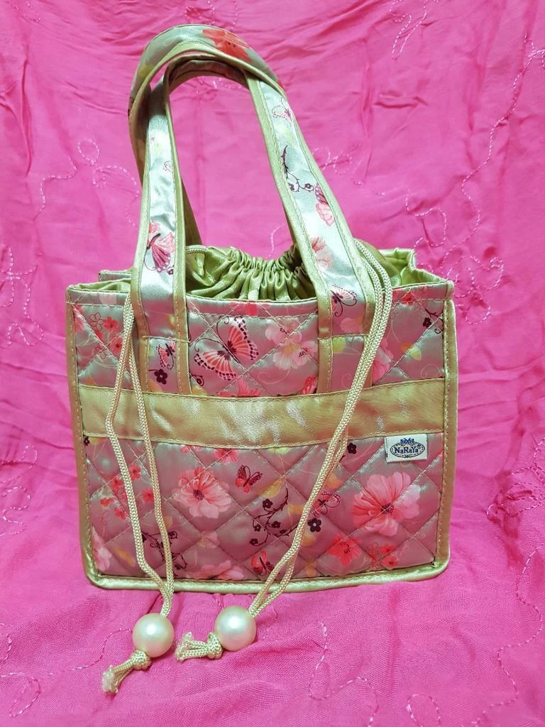 Thailand NaRaYa Oriental Print Gold Color Floral Ribbon Small Tote