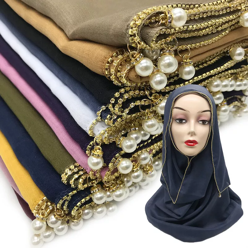 Womens Shawls Head Wrap Beads with Pearl Hijab Cotton Scarf Muslim Gold Chain