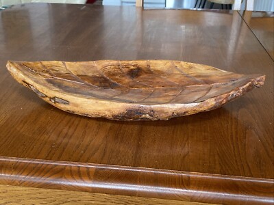 Heavy Thick Signed Hand Carved Burl Knot Wood Leaf Shape Dish Platter Plate Tray