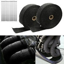 2 Roll x 2" 50Ft Black Fiberglass Exhaust Header Pipe Heat Wrap Tape+20 Ties Kit