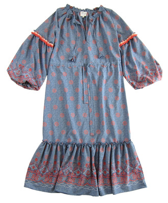MISA Los Angeles Blue Coral Stretch V-Neck Long Sleeve Long Maxi Kaftan Dress M