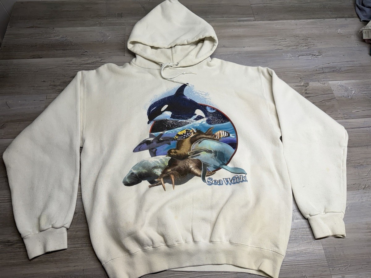 Vintage Sea World Hoodie Mens L White Orca Dolphin Ocean Life 90s