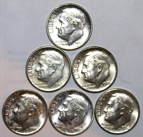 (6) BU Roosevelt Dimes - 1962-D P; 1963-D P; 1964-D P - #9826D