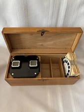Sawyer's Viewmaster Wooden Storage Box with Black Model C Viewer and Slides