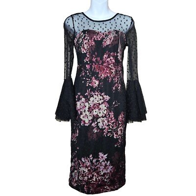 Venus Floral Mesh Bodycon Dress Size Black Burgundy Long Bell