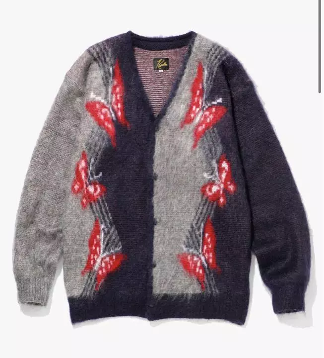 NEEDLES Mohair Cardigan Papillon Pattern Gray/Navy Size-L New from Japan