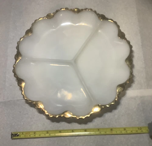 Vintage Anchor Hocking White Milk Glass Gold Edge Divided Dish 9” Nice Shape