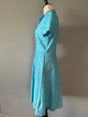 Vintage 50s Blue Green Watercolor Day Dress with Crystal Buttons Small w Pockets - Picture 7 of 7