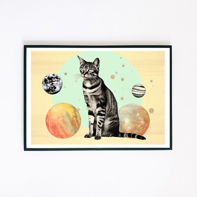 Abstract Cat Planet Surreal Illustration Solar System 7x5 Decor Wall Art Print 