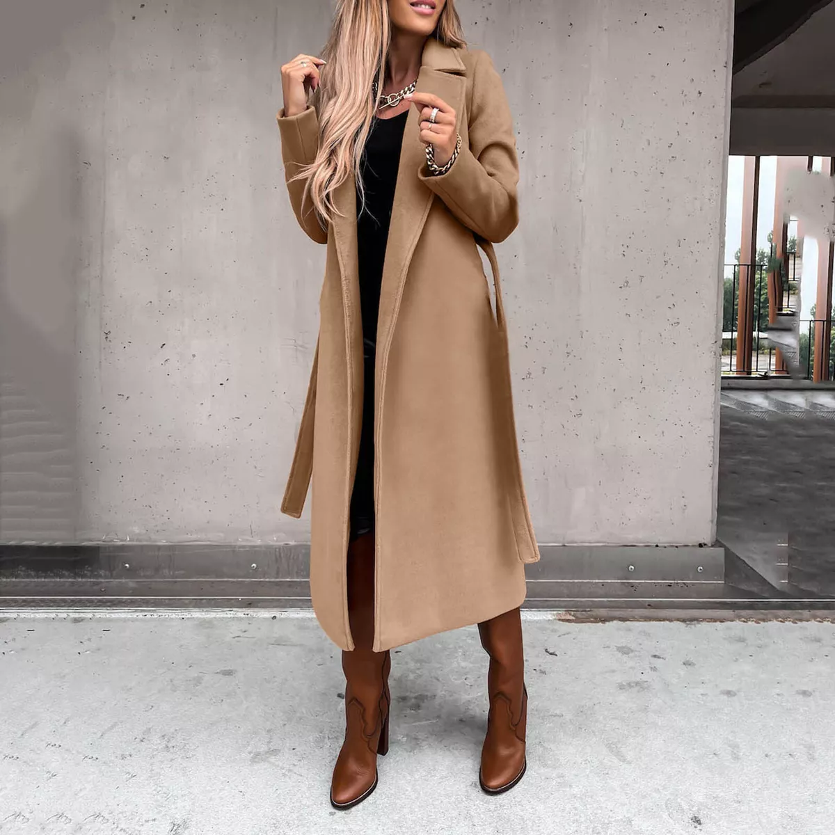 Open Front Belted Long Jacket Classic Coat Lapel Collar Work