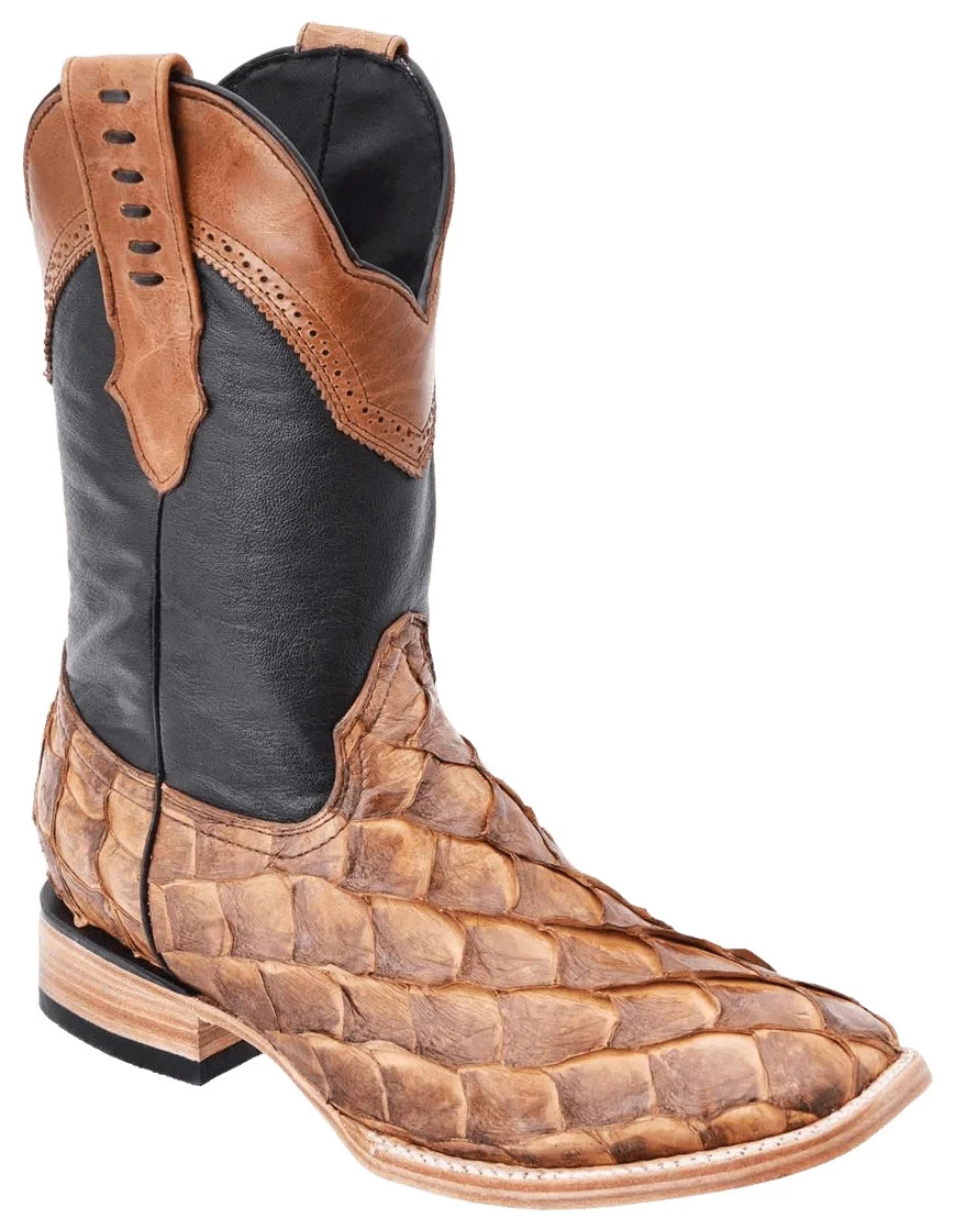 Genuine Exotic Pirarucu Monster Fish Square Toe Cowboy Western Boots - Oryx