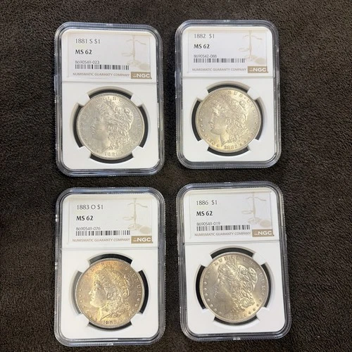 LOT OF (4) NGC MS62 GRADED MORGAN SILVER $$ 1881-S, 1882, 1883-O(toned), 1886