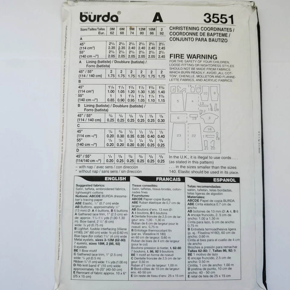 90s Burda Pattern 3551 Infant Christening Coordinates One Piece Gown - Image 3 of 3