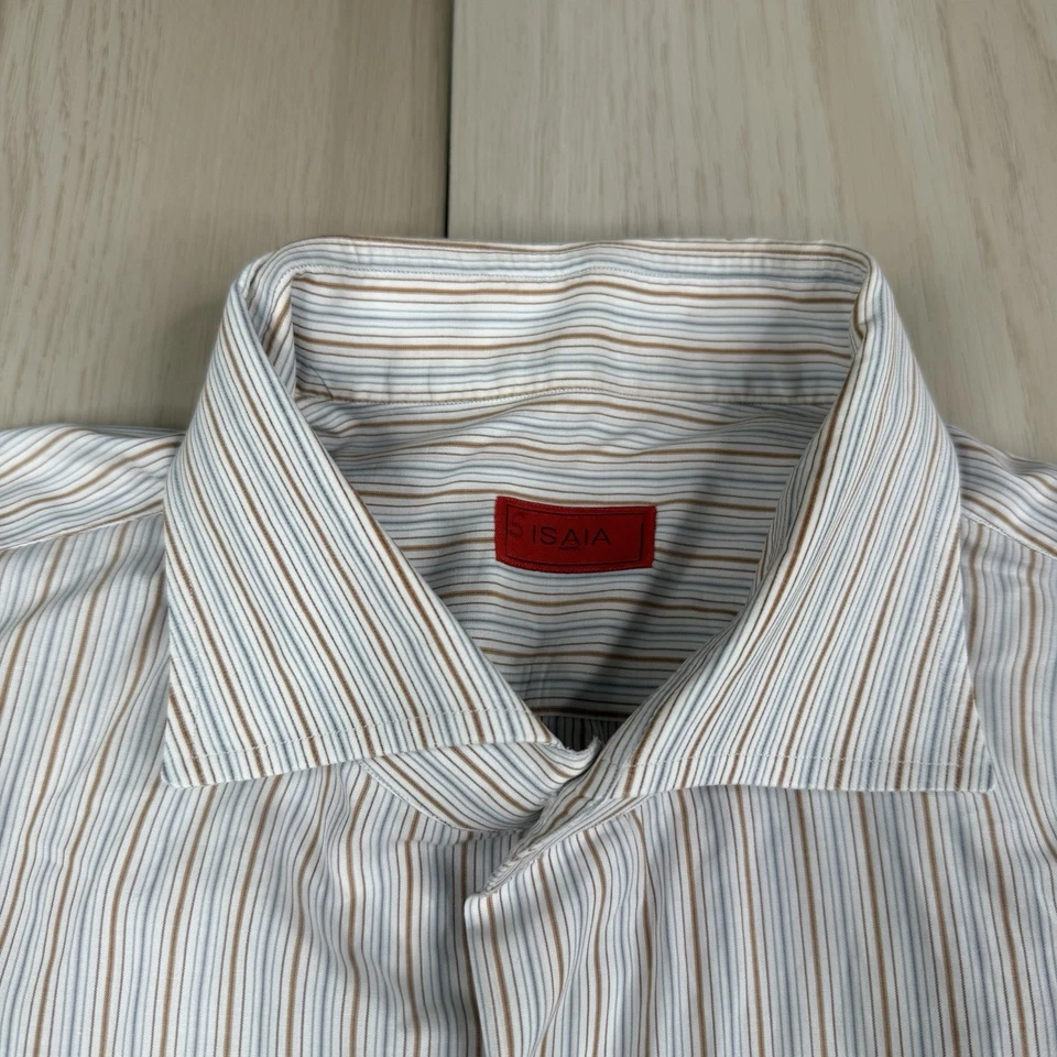 Isaia Napoli Button Down Dress Shirt Mens Size 15.5/44 Barrel Cuff Cotton Stripe - Image 4 of 4
