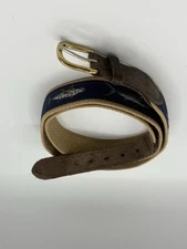 Zep-Pro Brwn Lthr Navy Ribbon Embroidered Fish Belt Brass Buckle Mens Sz 38 1137