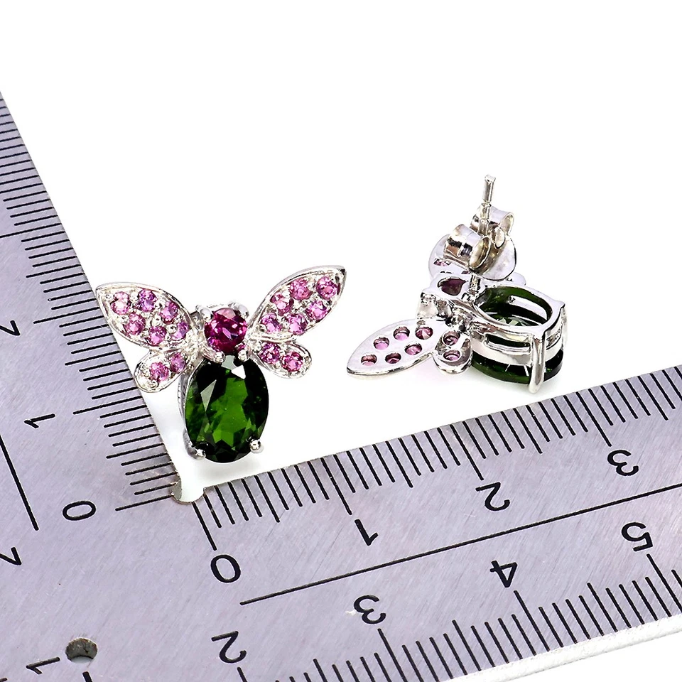 925 Sterling Silver Earrings Oval Chrome Diopside Rhodolite Gemstone Bee Jewelry - Image 3 of 4