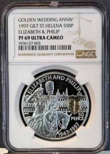 1997 SAINT HELENA SILVER 50 PENCE ELIZABETH & PHILIP NGC PF 69 ULTRA CAMEO TOP