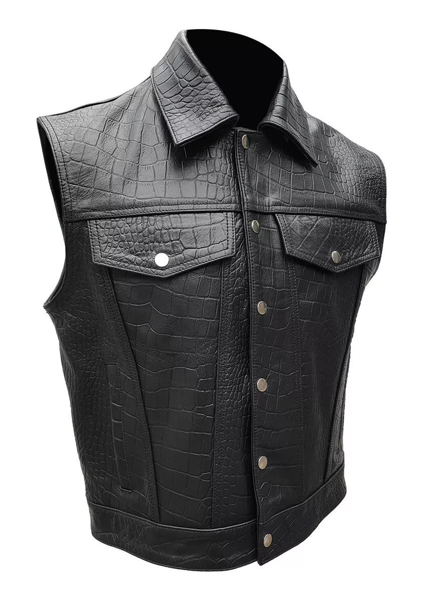 Mens Black Alligator Crocodile Print Leather Motorcycle Biker Vest Waistcoat