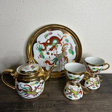 VINTAGE Tea Set Dragon Phoenix ACF Hong Kong Plate Pot Four Cups 3159