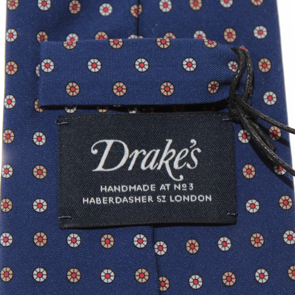 Drake's новый с Ярлыками галстук в синий с желтовато-коричневый/белый/красный мини цветочный принт 100% шелк - Изображение 4 из 4