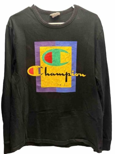 Vintage Champion Long Sleeve T-Shirt Mens Black Sc