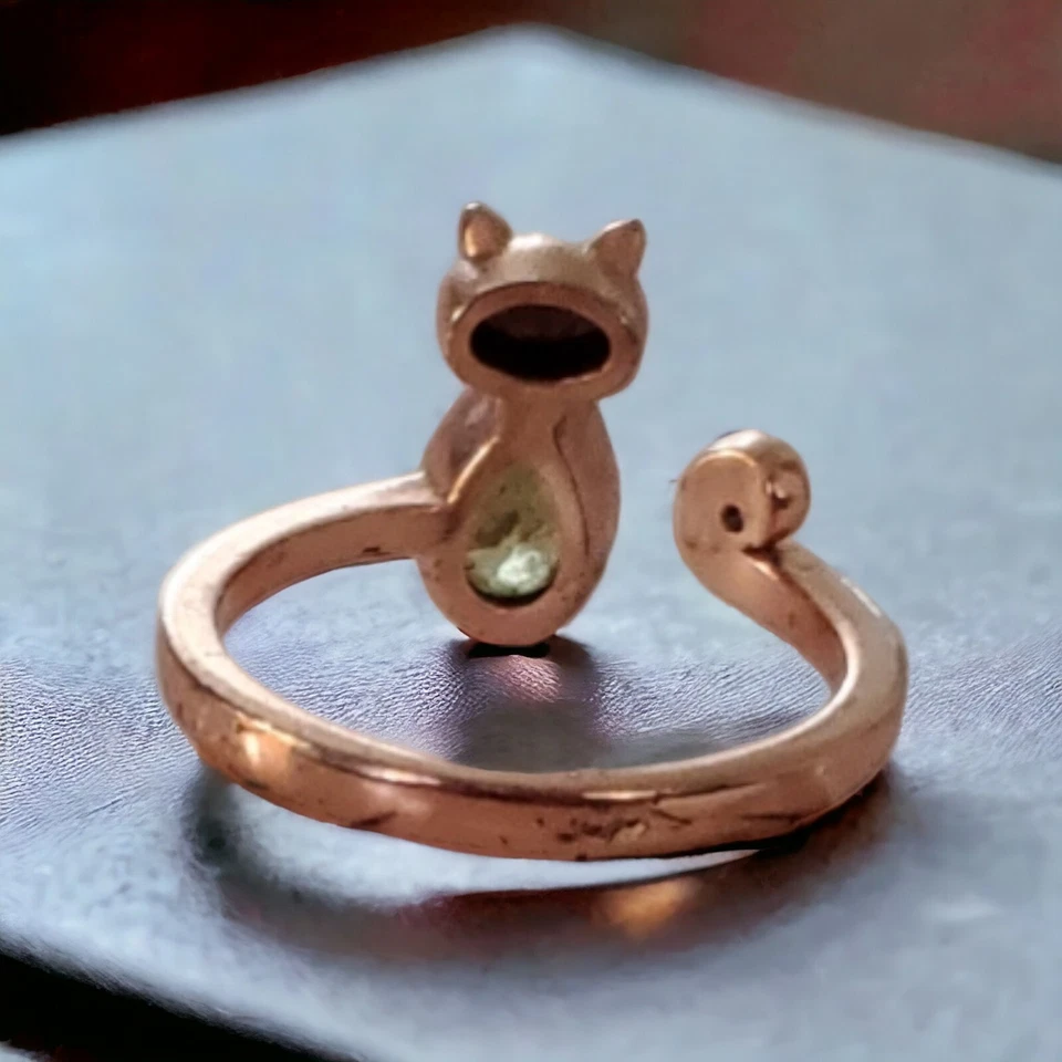 Anillo envolvente para gato efecto ronroneo tono oro rosa vidrio verde estrás talla 7 Foto 2 de 4
