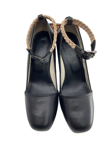 TOD'S Womens size US 7 Black Leather Platform Wedge Shoes Strap EU 37 Dust Bag - Picture 6 of 16