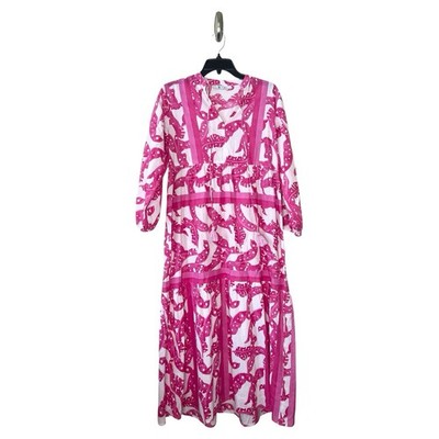 Bindu Bettina Dress Pink Women s L Midi Tiered Tassel Tie Magenta Cotton India