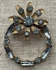 Vintage Cornflower Sky Blue Topaz Rhinestone Circle Flower Brooch Pin Prong Set