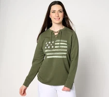 Denim & Co. Active Americana Flag French Terry Sweatshirt Dark Olive S New