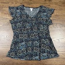 Christopher & Banks Shirt Womens XL Blue Black Flutter Sleeve Stretch Top Print