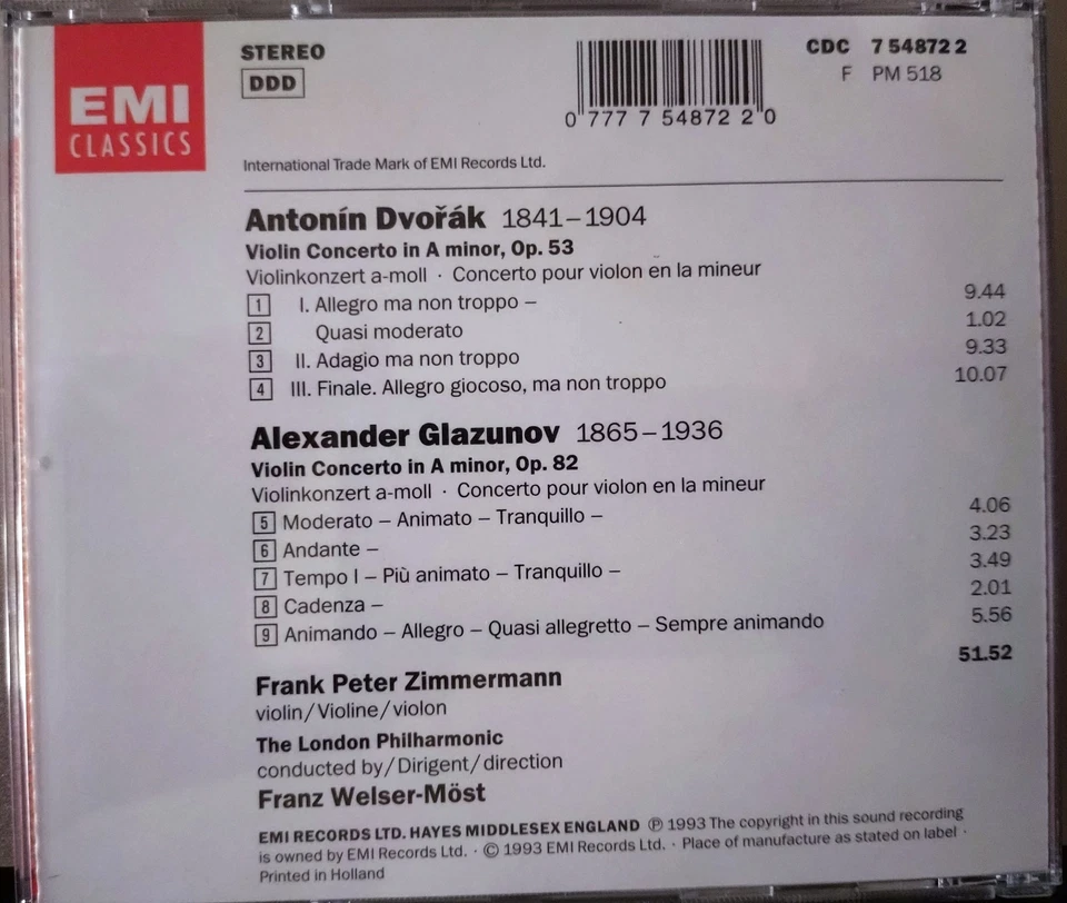 CD Dvorak Glazunov Violinkonzerte London Phil Welser-Möst Frank Peter Zimmermann - Bild 3 von 3