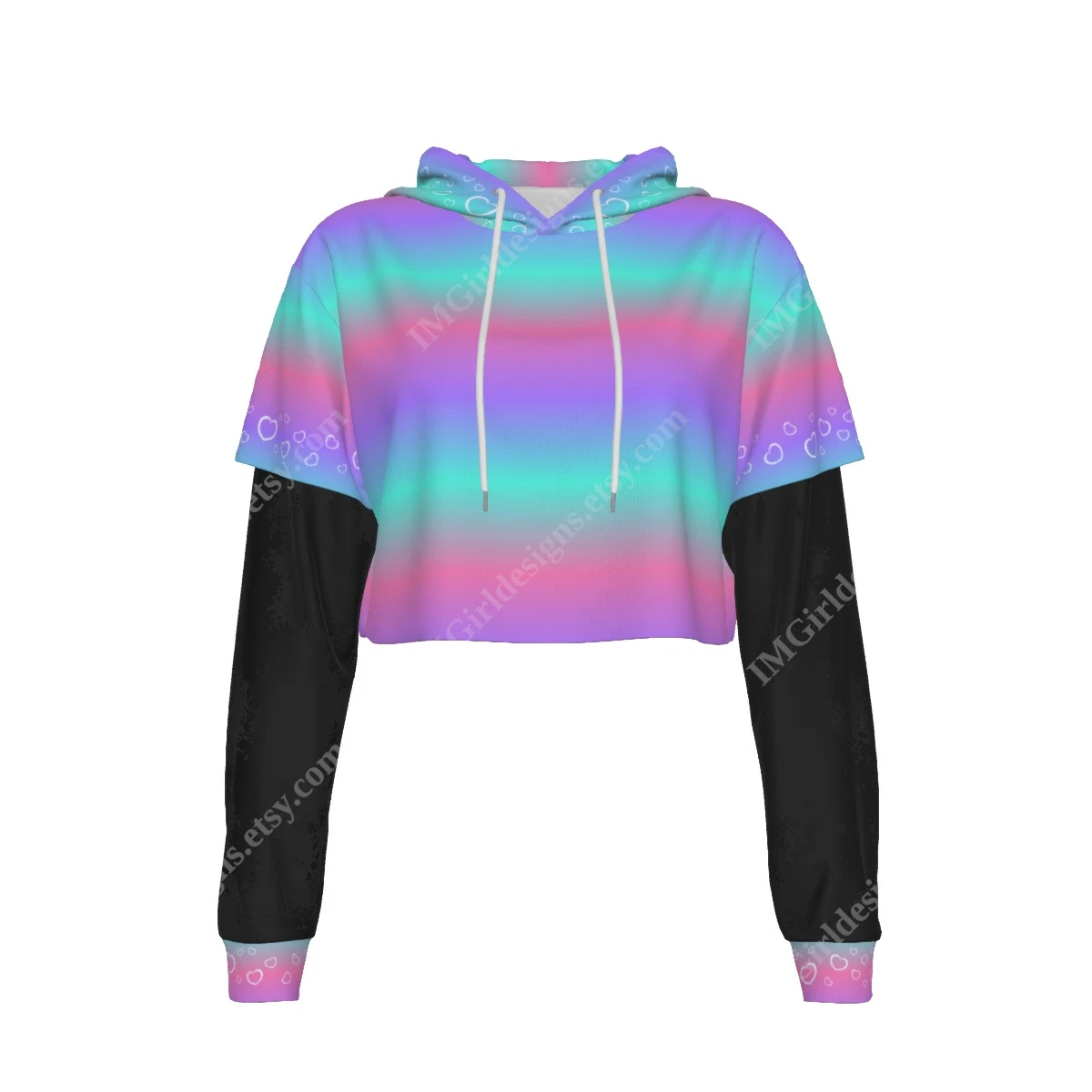 Mesh Sleeve Crop Hoodie, Pastel 3 Colour Gradient White Hearts, Pastel Aesthetic
