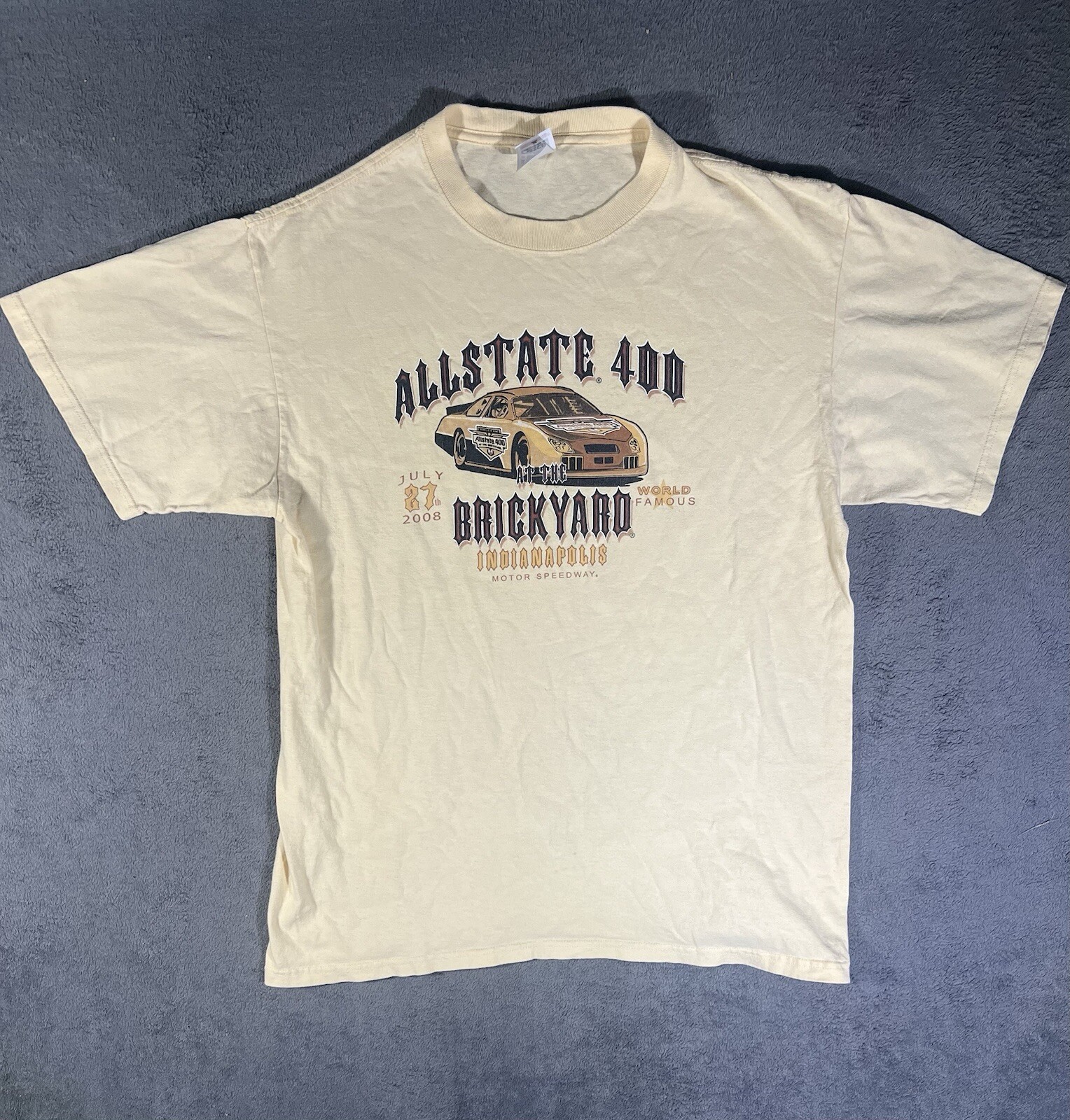 Allstate 400 Y2K Front Graphic Shirt At The Brickyard Racing Men Size Large Tan