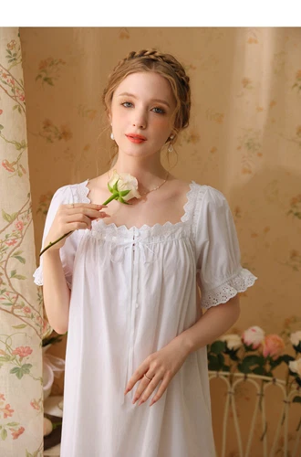 Damen Baumwolle Nachthemd Kurzarm eckiger Ausschnitt Pyjama Schlafkleid - Bild 21 von 34