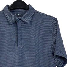 01.Algo Mens L Performance Stretch Quick Dry UV Short Sleeve Polo Blue Striped