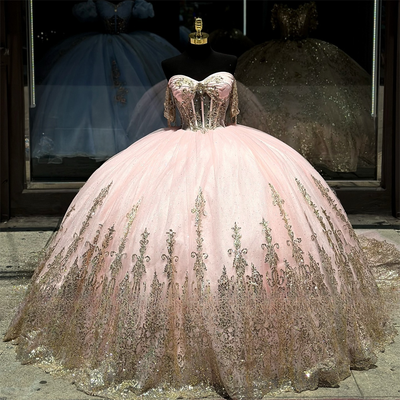 Pink Ball Gown Tulle Off-The-Shoulder Quinceanera Dress with Sequins, Pink / 16