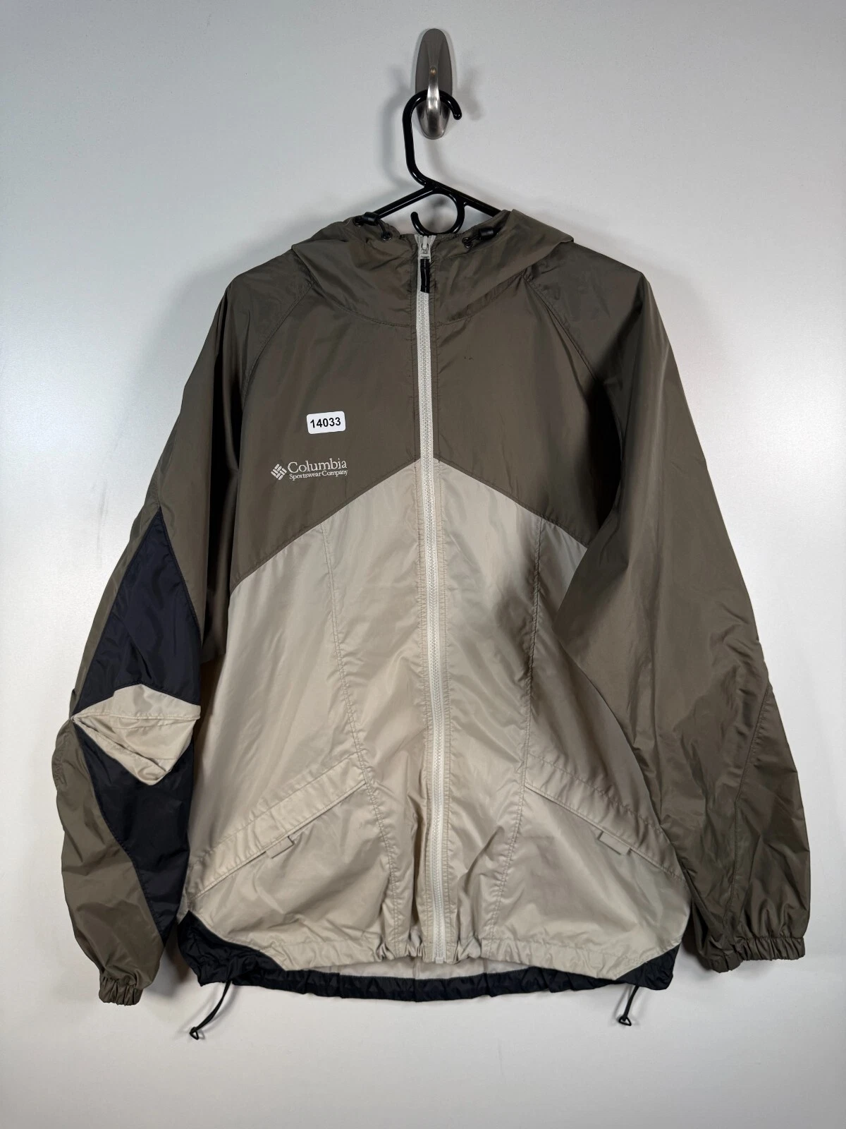 Columbia Mens Full Zip Hooded Nylon Windbreaker Jacket Green Beige Sz L 27x31