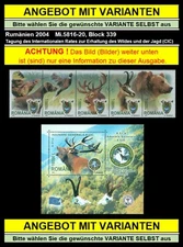 Romania 2004 Hunting, Hunter, Pheasant, Deer, Bear, Chamois, Cinegetica, Mi.5816-20, Block 339