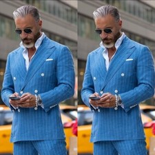 Stpied Linen Men's Suits Summer Blue Tuxedos Double Breasted Pant Blazers 2 Pcs