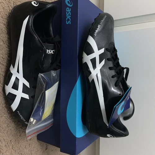 Taglia 8 5 ASICS Hyper Sprint 7 Nero Bianco NUOVO MAI INDOSSATO PUNTE E SCATOLA