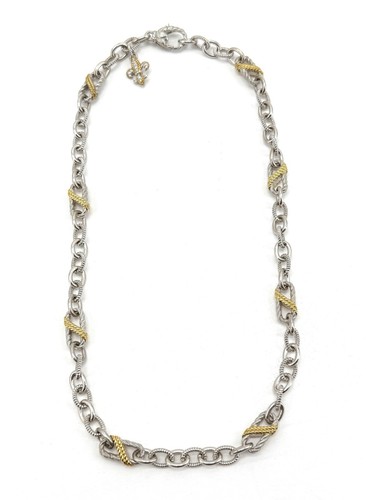 Judith Ripka 925 Silver Paper Clip Chain Necklace 20” Fleur De Lis CZ Two Tone