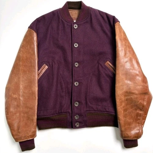 AERO LEATHER Steerhide Arm Leather Varsity Jacket Purple Brown REGULAR Excellent - product listing photo