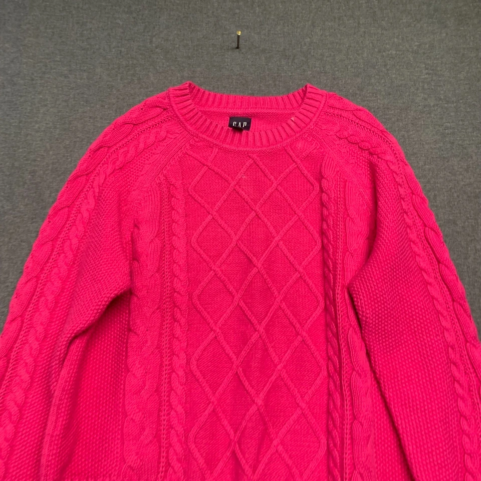 GAP Women's Sweater Size MP Hot Pink Cable Knit Crewneck 100% Cotton - Image 2 of 4