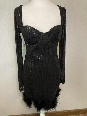 Windsor Formal Cocktail Mini Dress Womens L Black Sequin Fur Penny Lane Prom 
