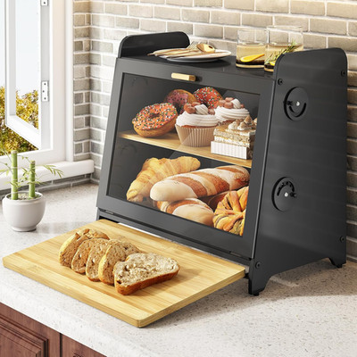 Stylish Wooden Bread Box with Bamboo Cutting Board - Black Kitchen Storage