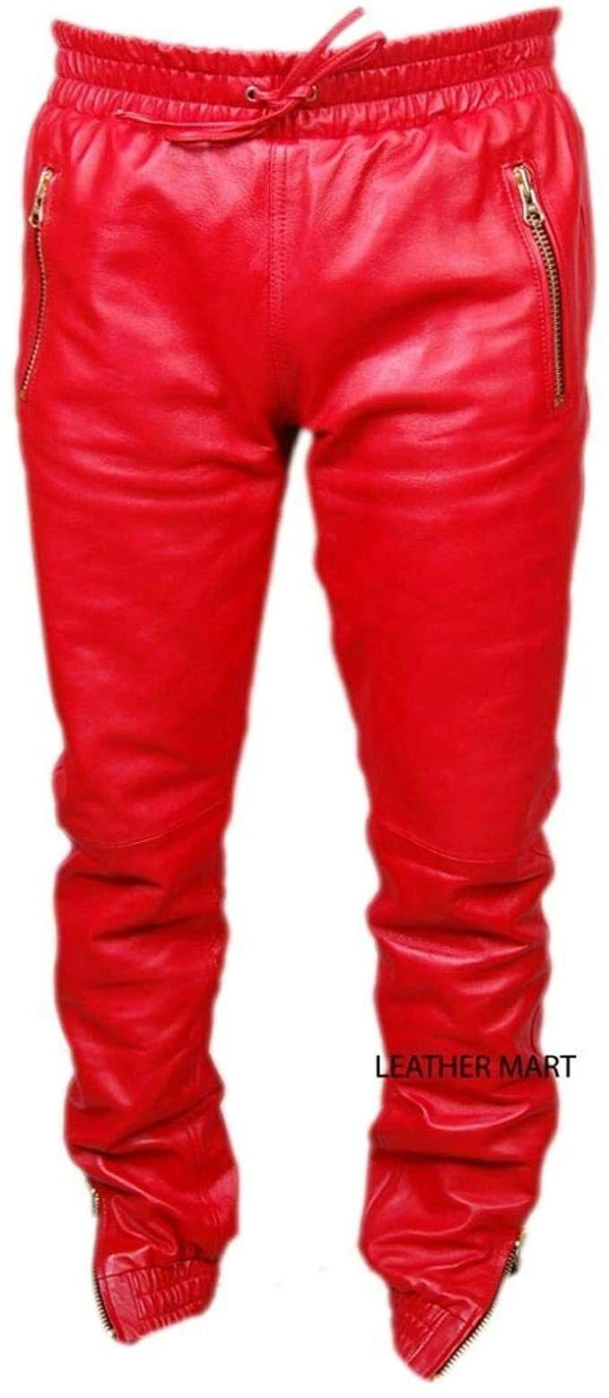 Men's Red Leather Real Lambskin Leather For Men's Sweat Pants Jogger