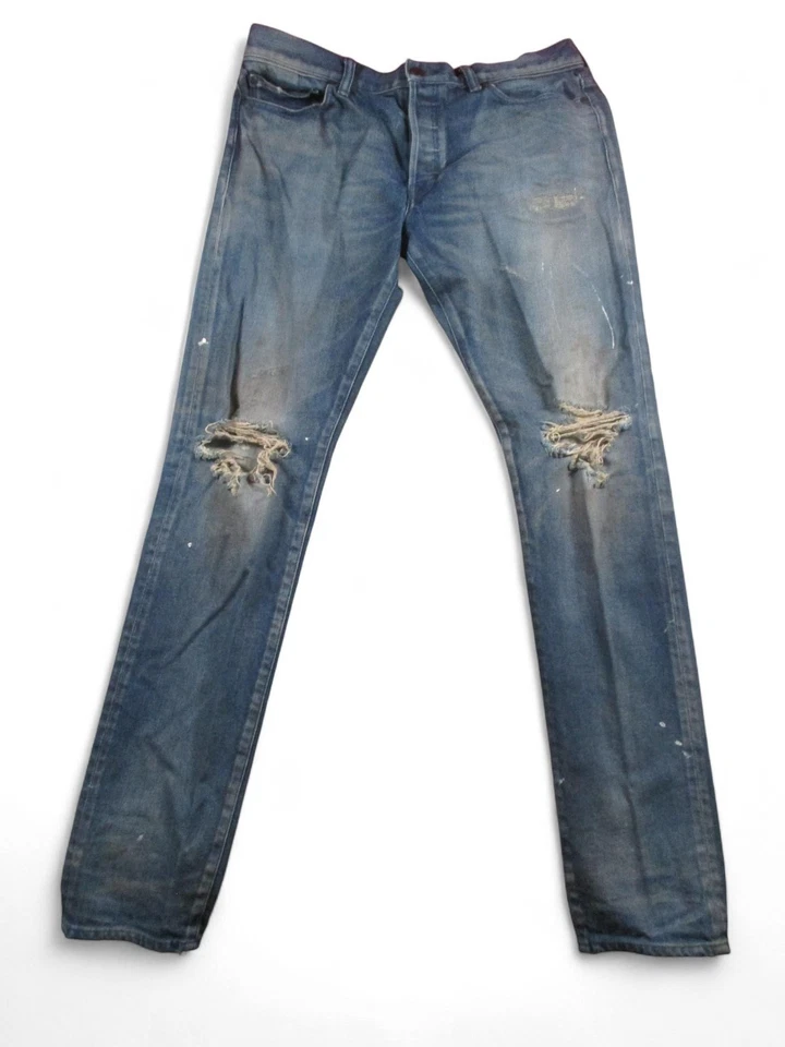 Jeans masculino John Elliott 34 azul desgastado joelhos rasgados feitos no Japão denim - Imagem 4 de 4