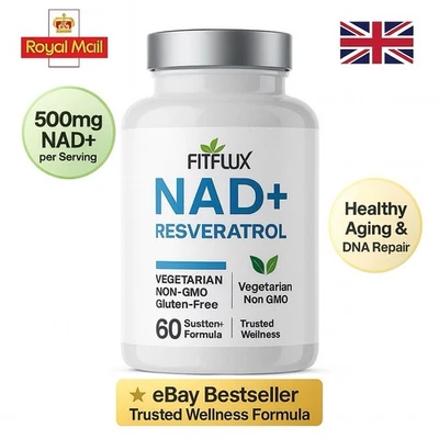NAD+ Resveratrol Supplement 500mg, Anti-Ageing, DNA Repair, Vegan, 60 Capsules